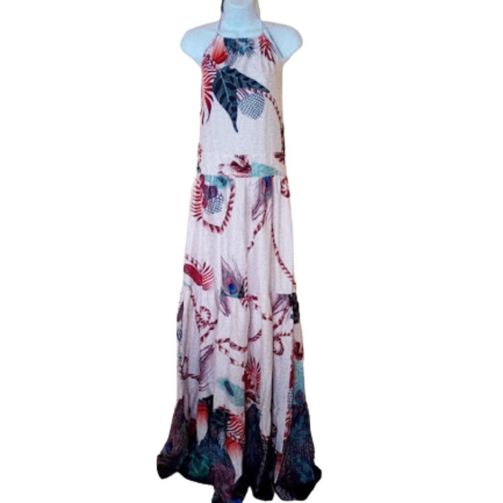 White Maxi Floral Halter Dress Large New NWT
